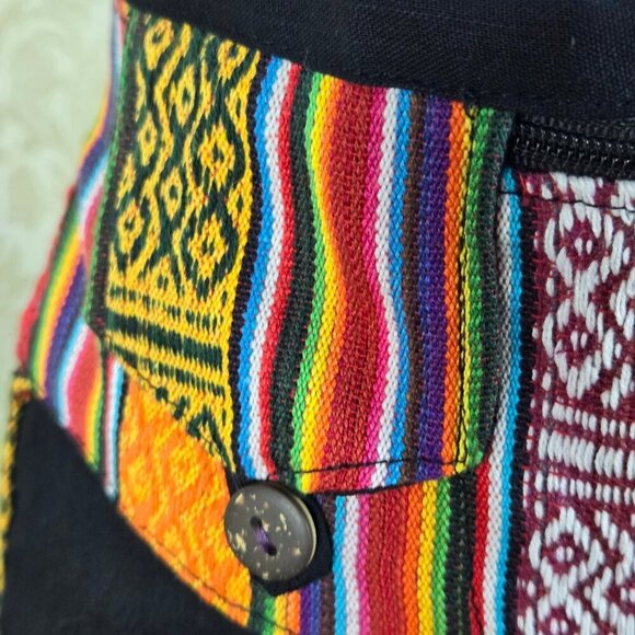 Indian Cotton Pants Black Colorful Stripes Elastic Waist Adj Ankle Ties Pockets - Picture 5 of 12